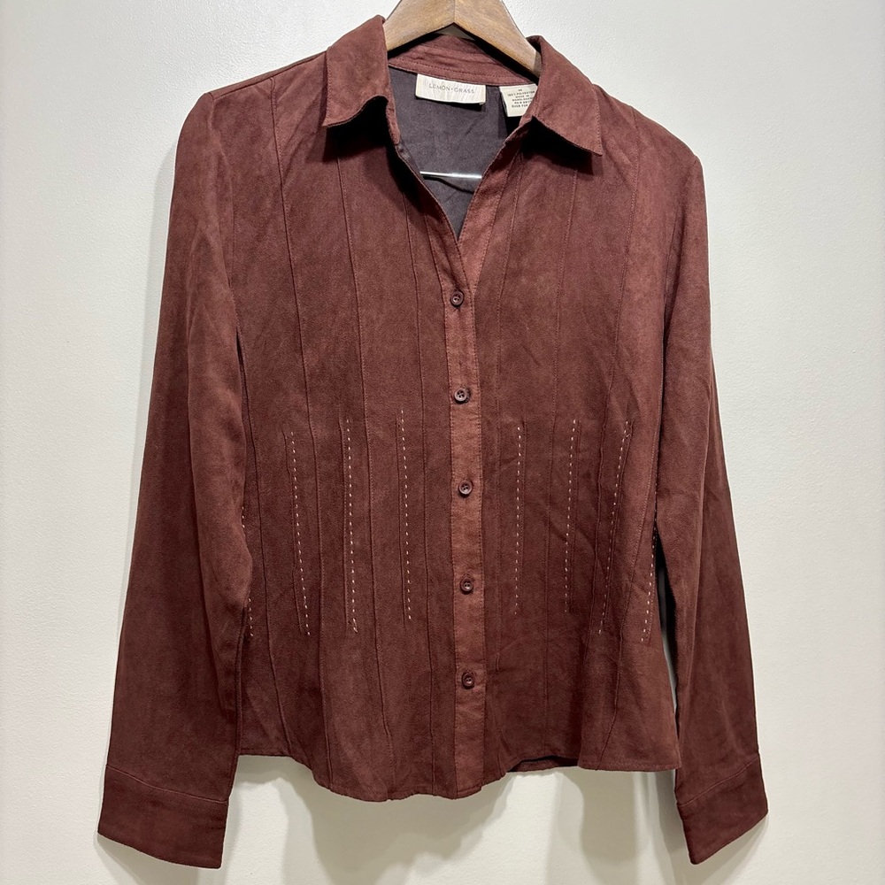 Lemon Grass Vintage Suede Button Down Long Sleeve Blouse Shirt Top Brown